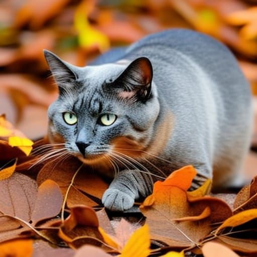 Siamese Cat Lounging on Autumn Leaves