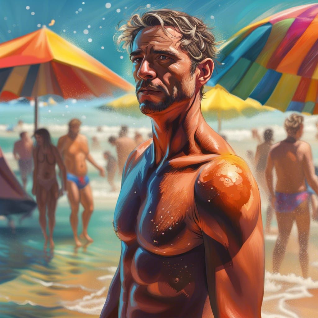 Hyperrealistic Man on Beach in Splash Art Style