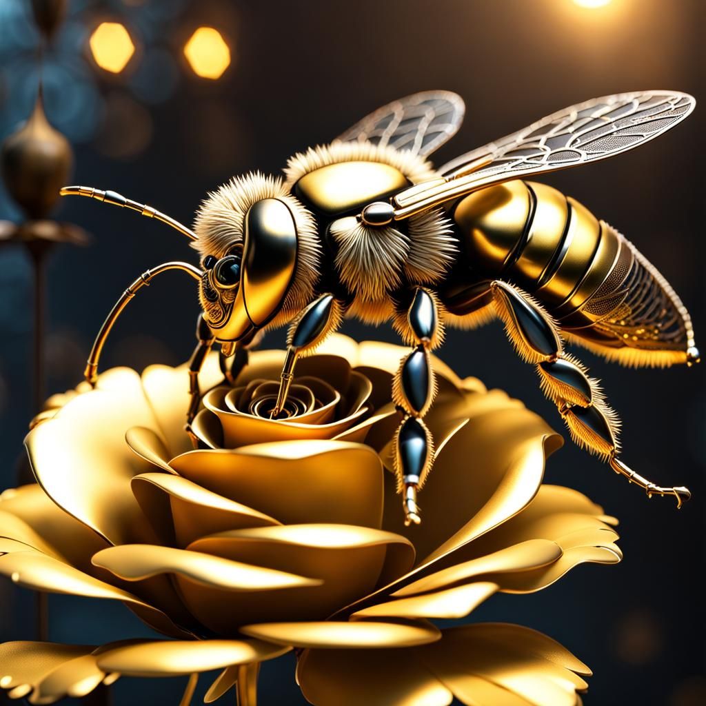 Steampunk Bee Pollinating a Golden Rose