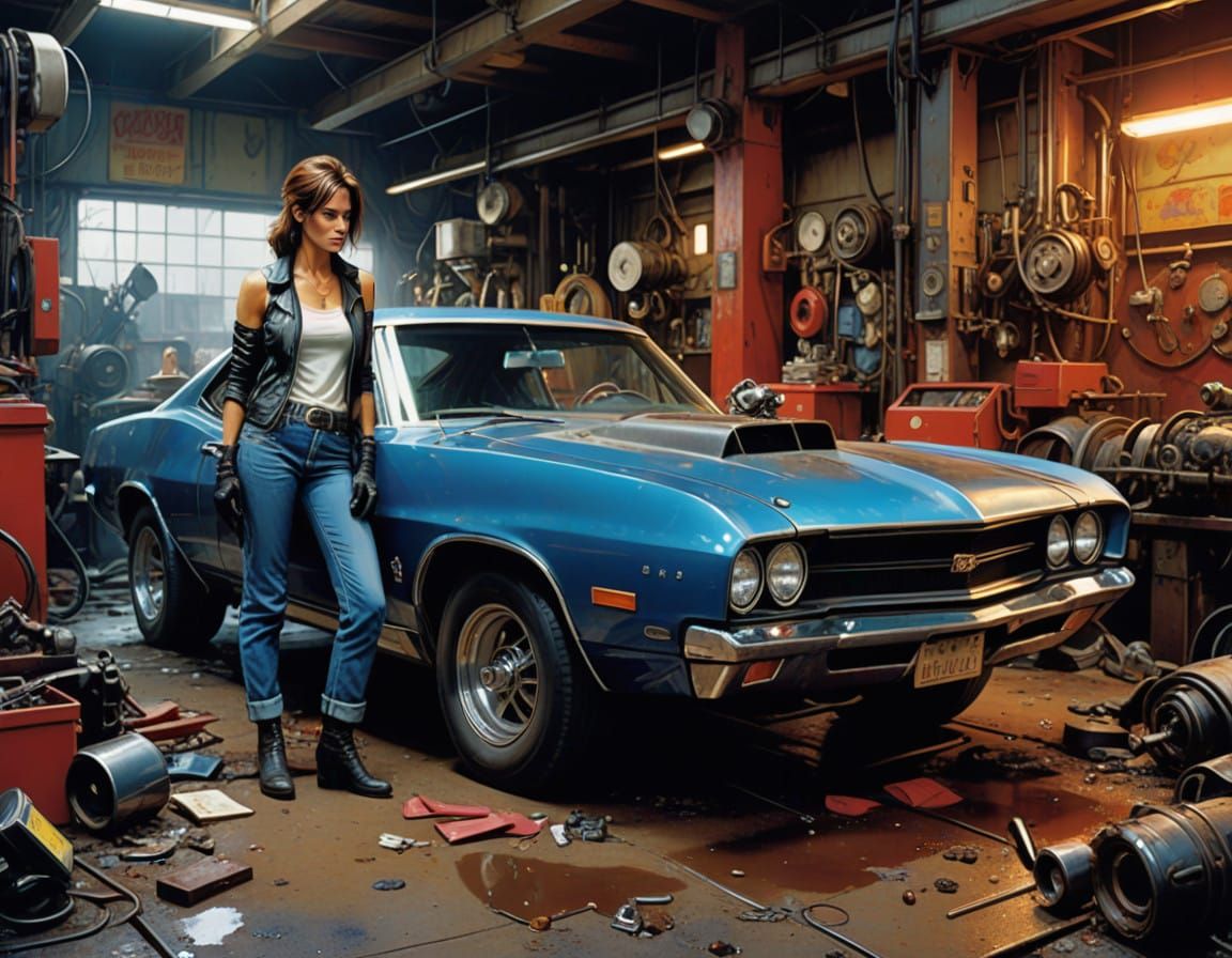Mechanic Girl Works on Vintage Muscle Car in Gritty Realism....