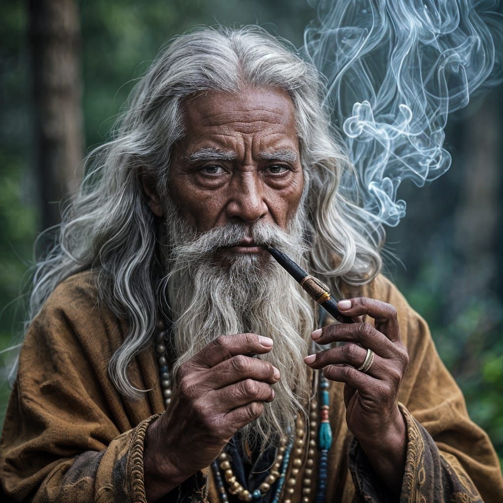 Portrait of an Elderly Shamanic Priestess Smoking a Pipe