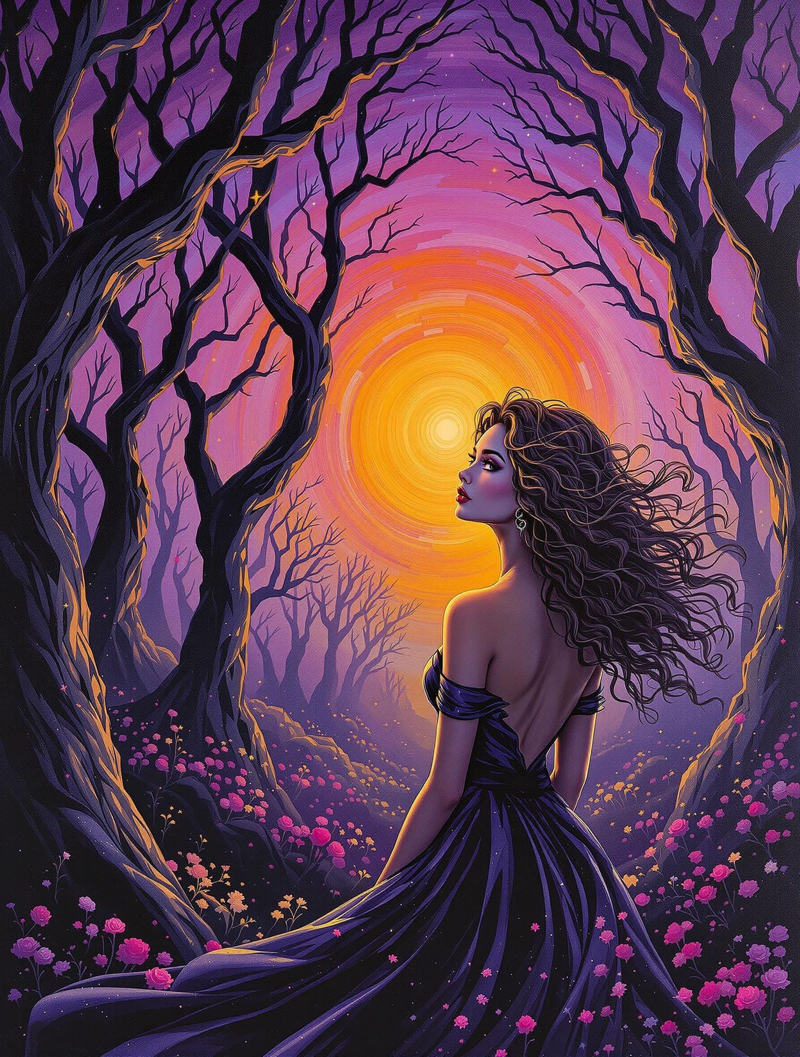 Elegant Woman Contemplates Sunset in Mystical Forest
