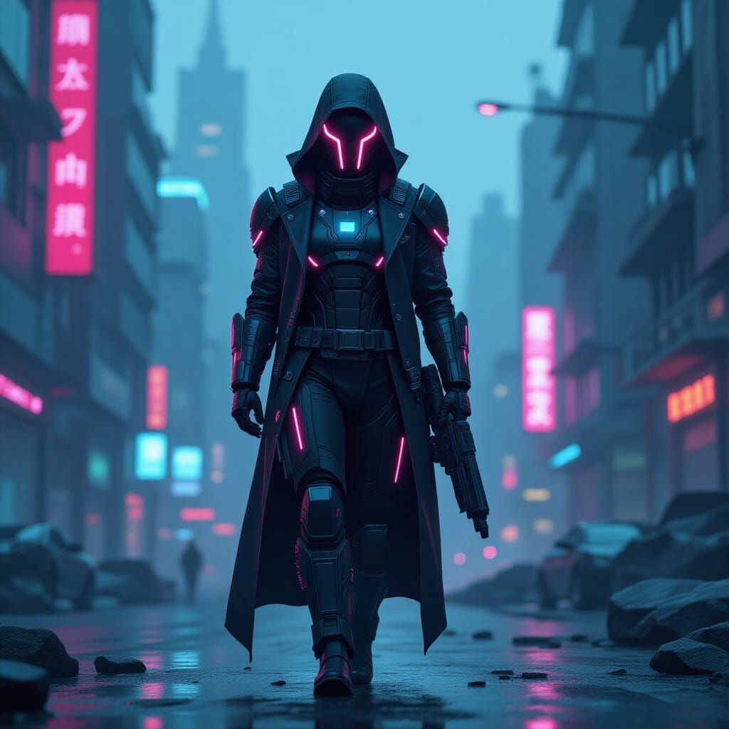 Neon Armor in Dystopian Cyberpunk Cityscape