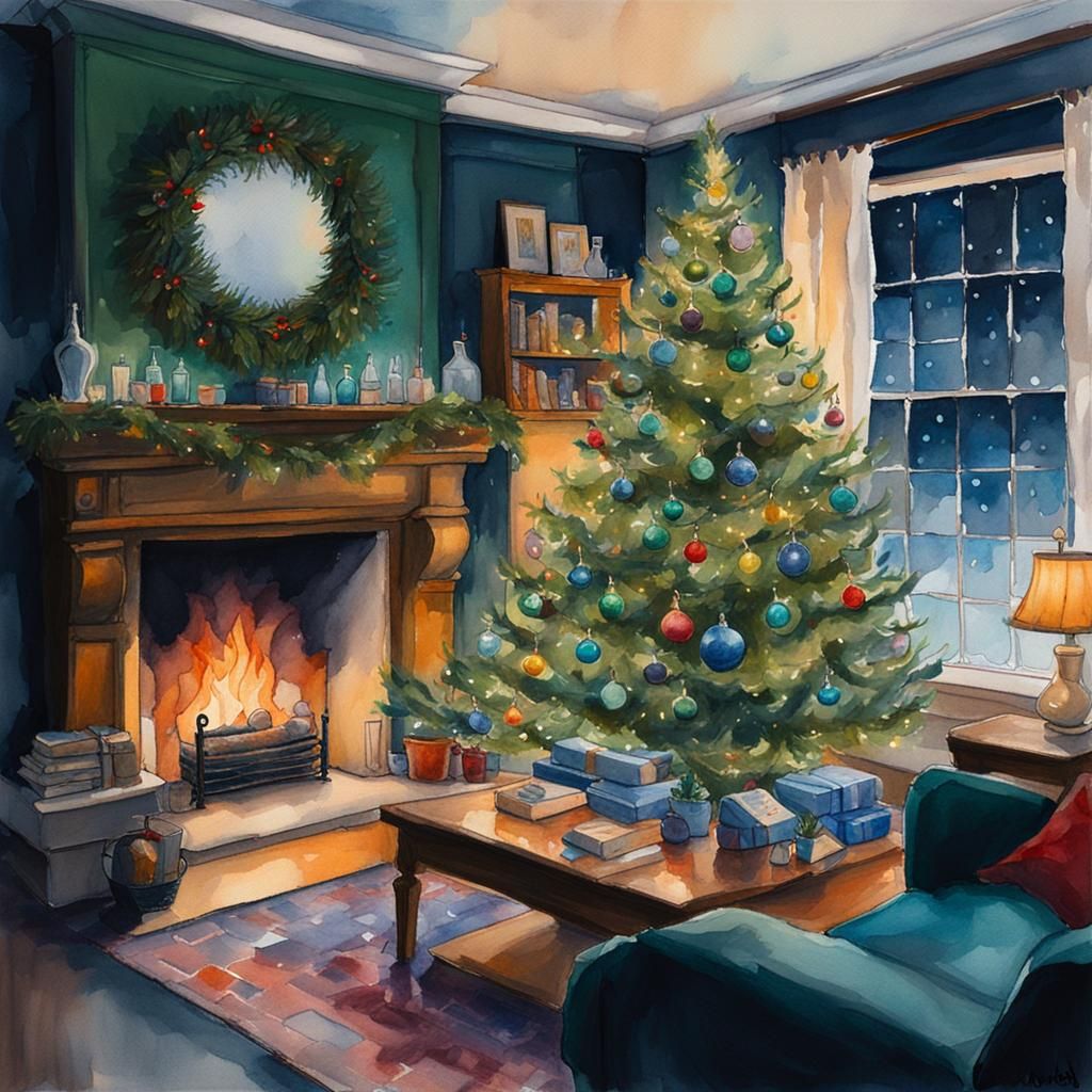 Aesthetic Christmas Living Room Watercolor Painting