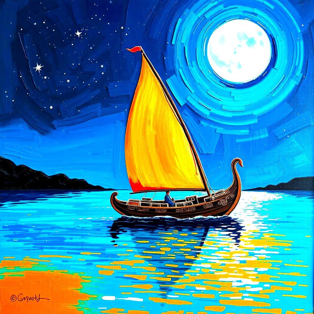 Chinese Sailboat at Night in Impasto Style