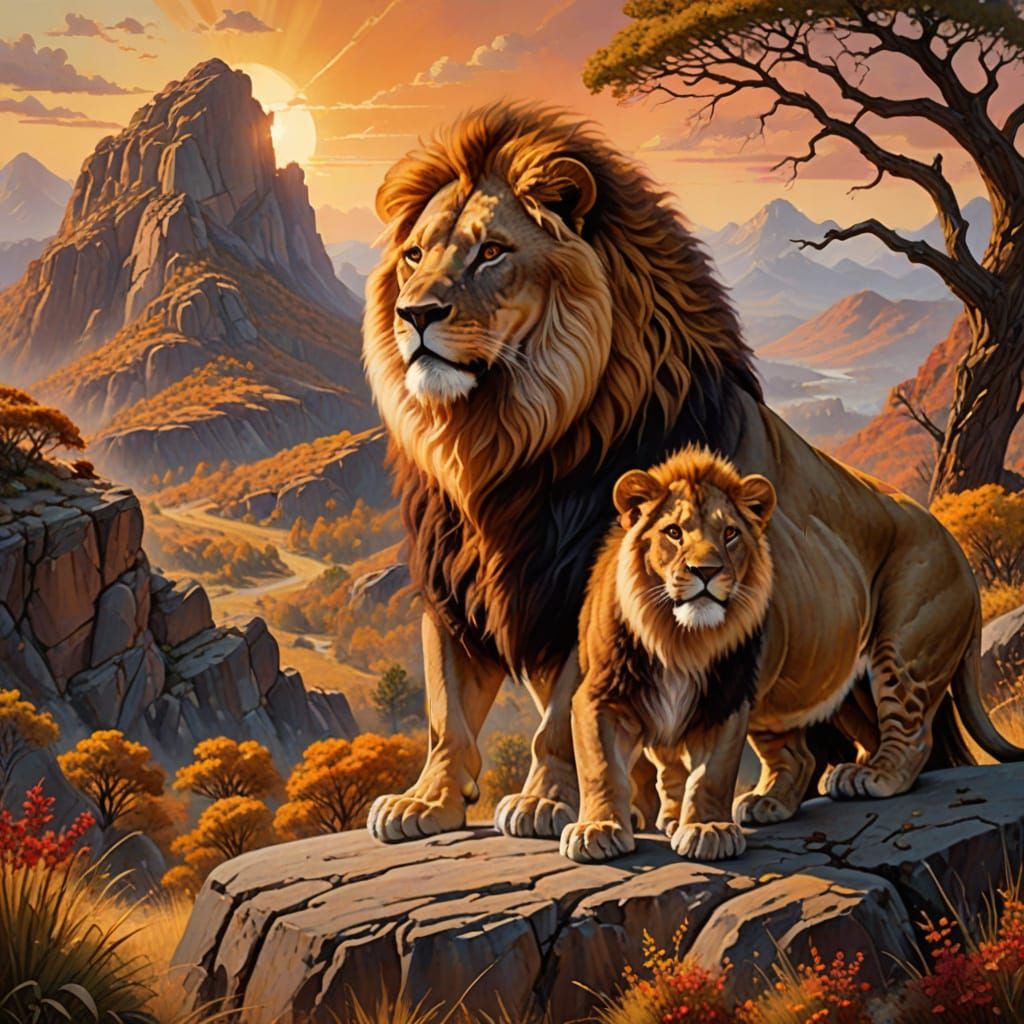 Majestic Fire Lion and Cub on Crag in Oil Painting Style