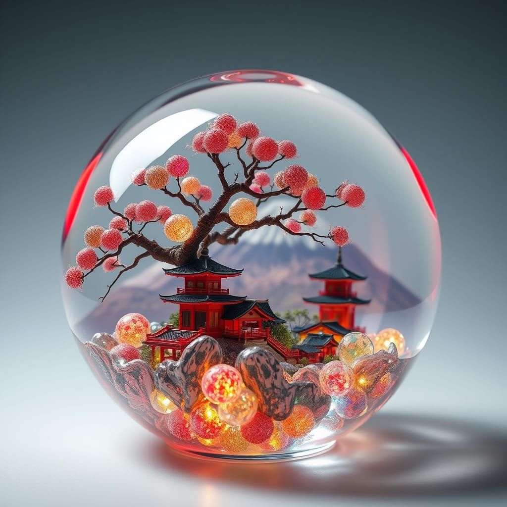 Japanese bonsai tree inside a majestic, ornate glass egg