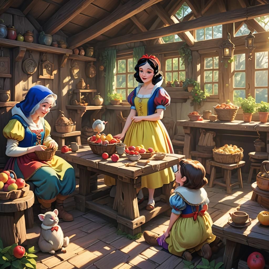 Snow White and Dwarves: Anime-Style Cottage Scene
