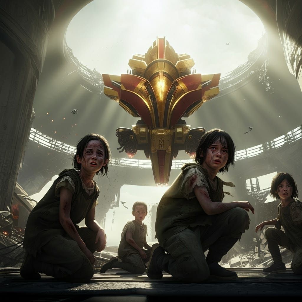 Young Warriors Stand Before Epic Battle-Mech in Alien City R...