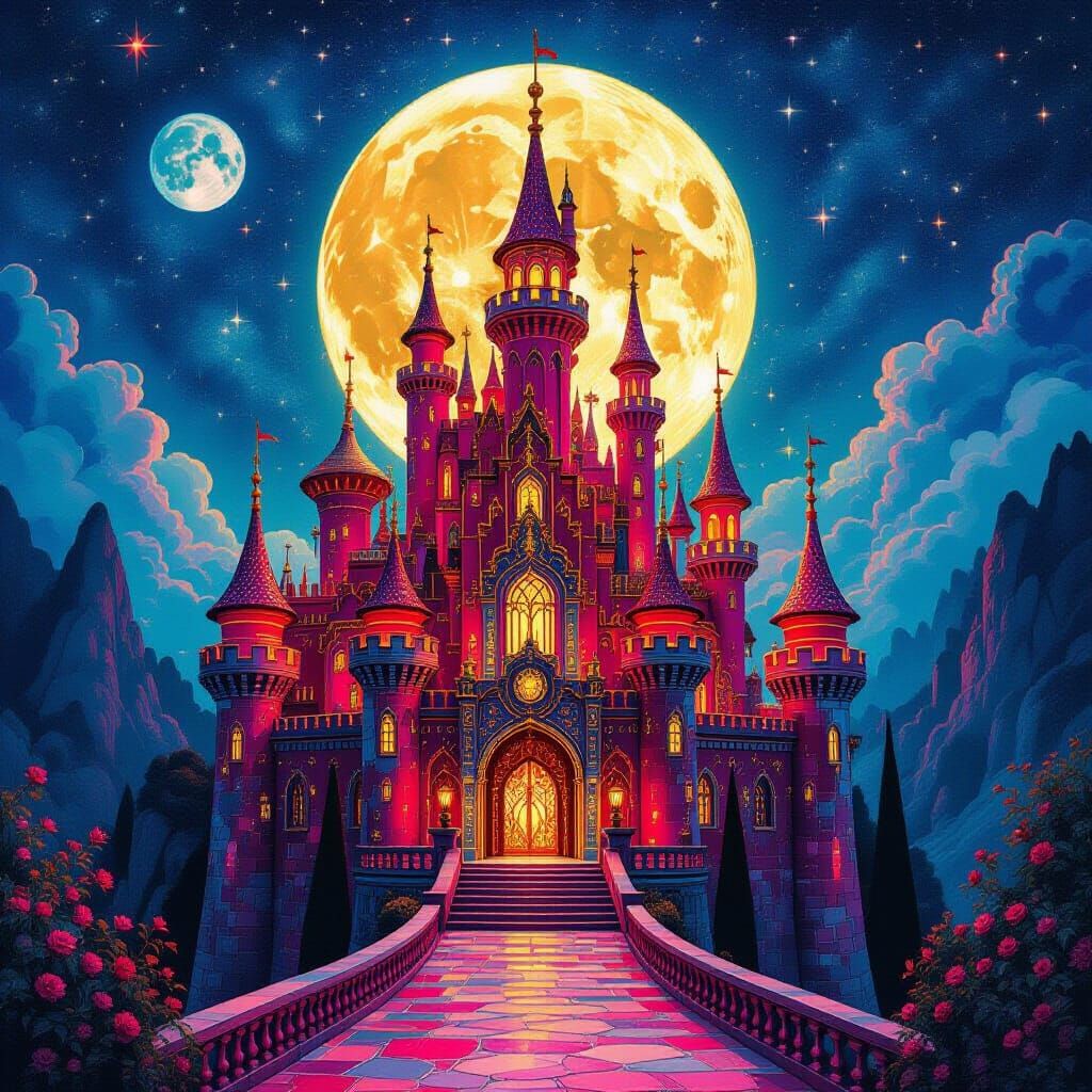 Psychedelic Ruby Castle in Surrealist Moonlight