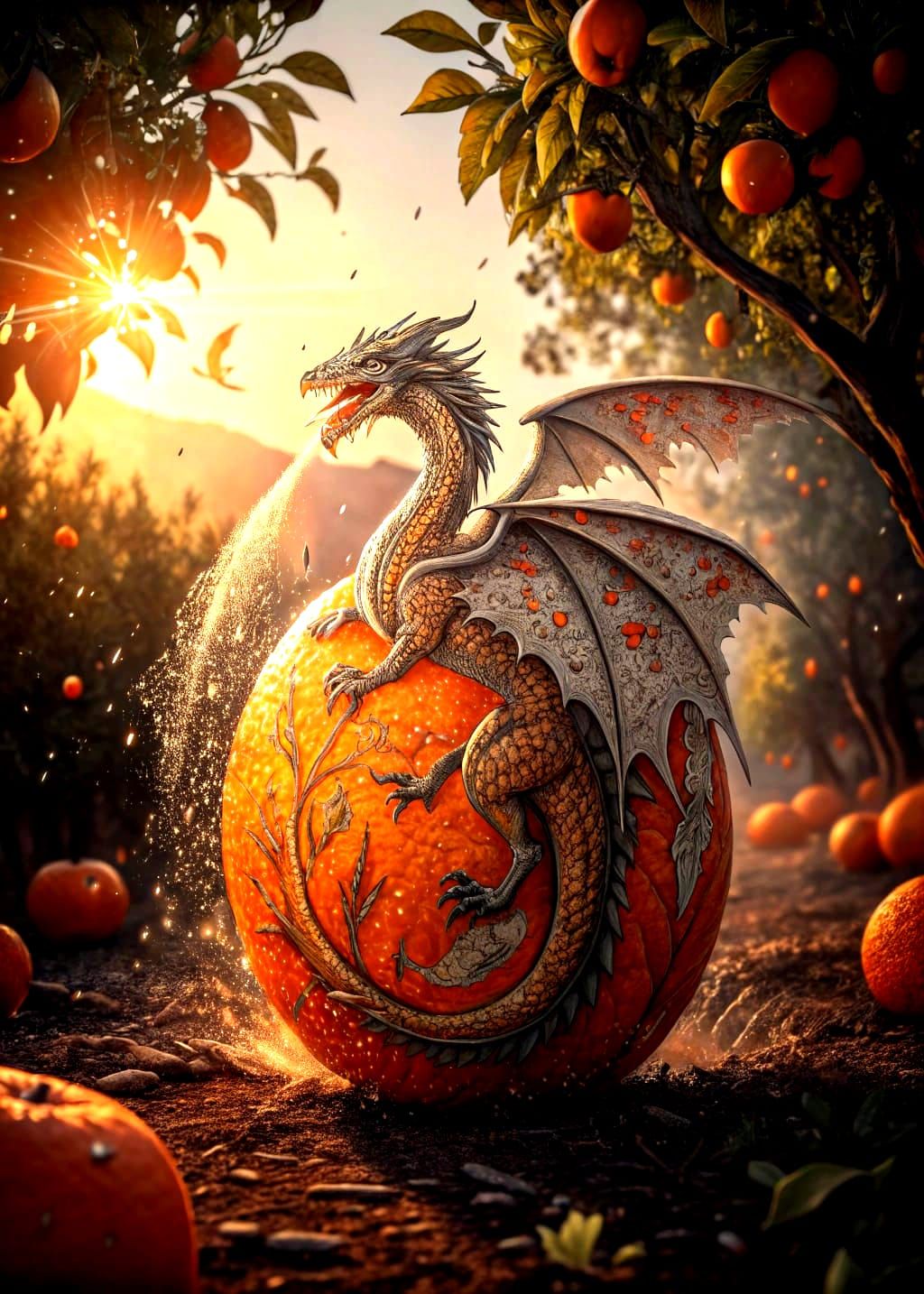 Dragon Embracing Orange in Stained Glass Style