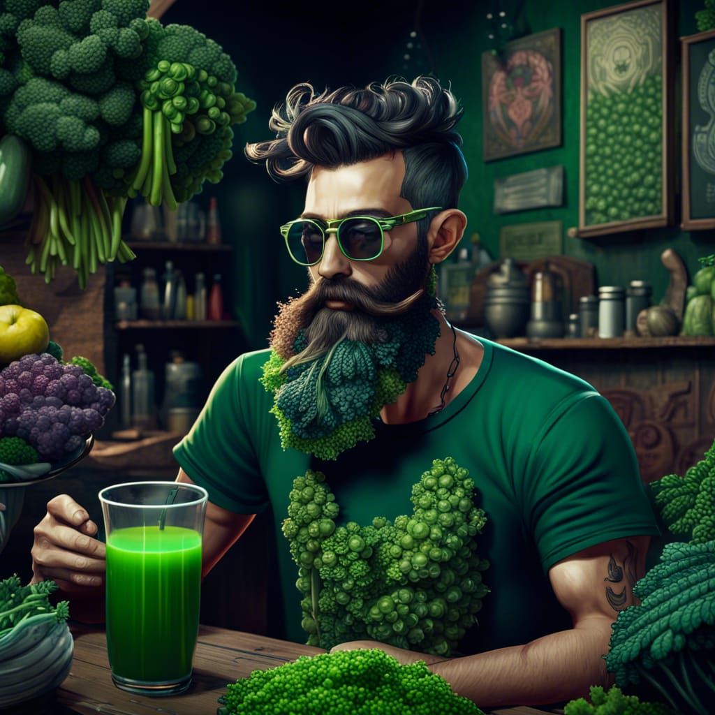 Hipster Man and Kale in Detailed Digital Art