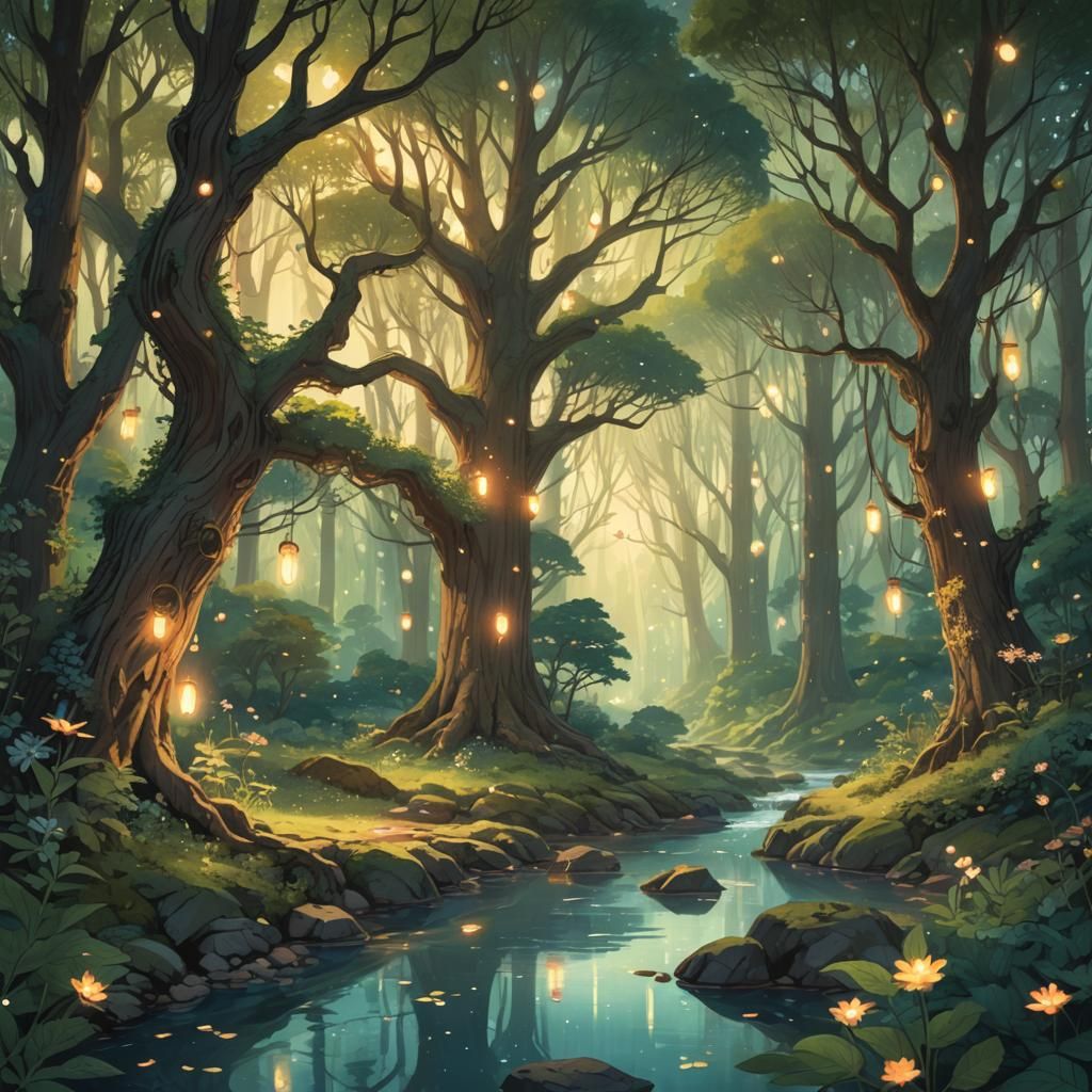 Enchanted Forest Illustration in Miyazaki Style