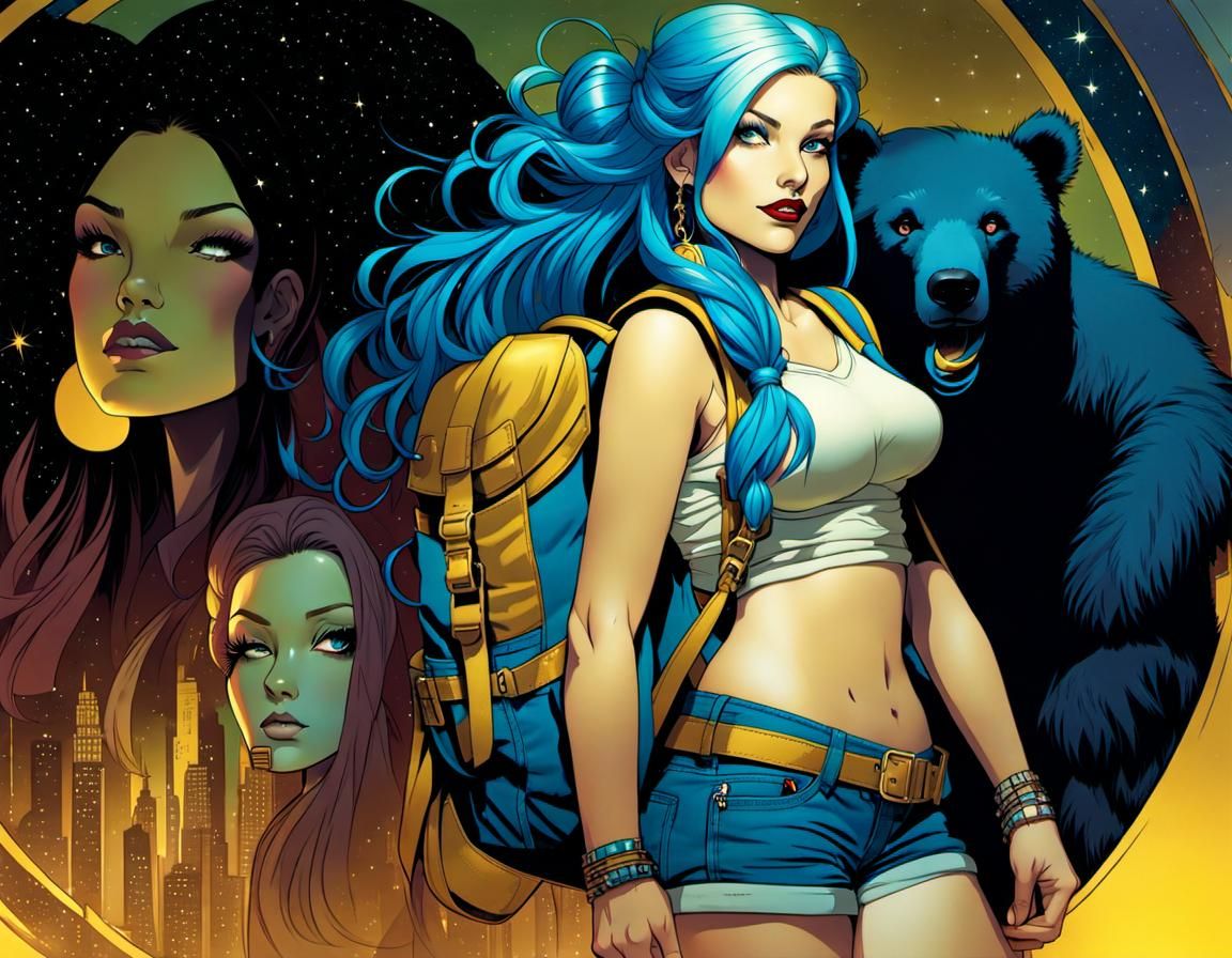 Post-Apocalyptic Woman and Blue Bear in Vibrant Colors