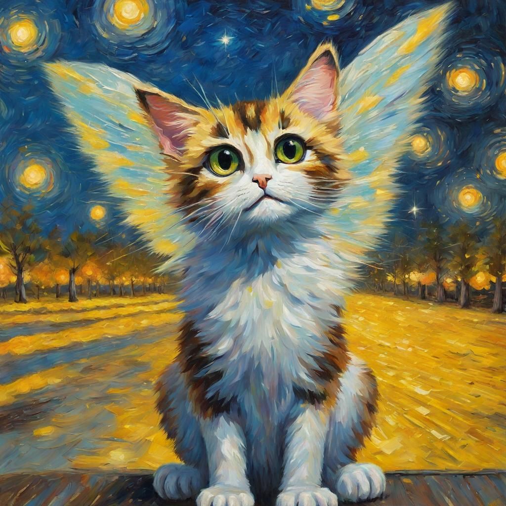 Kemono Cat with Wings in Van Gogh Style