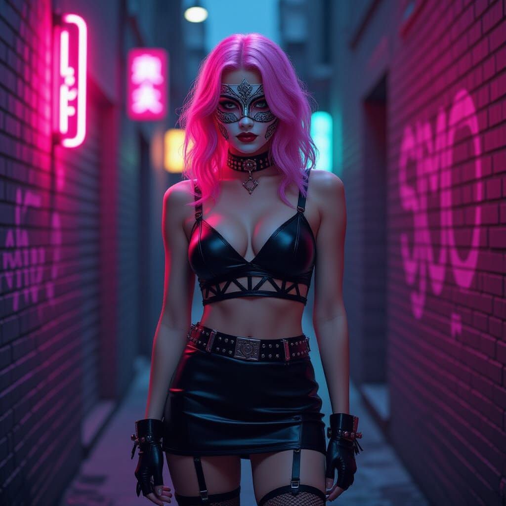 Androgynous Figure in Neon Alleyway, Cyberpunk Style
