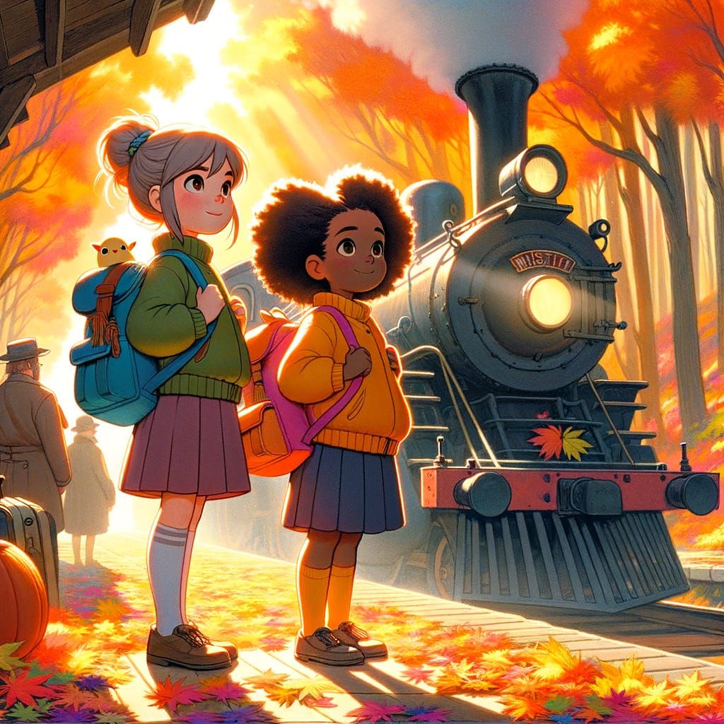 Girls Await Vintage Train on Autumn Platform