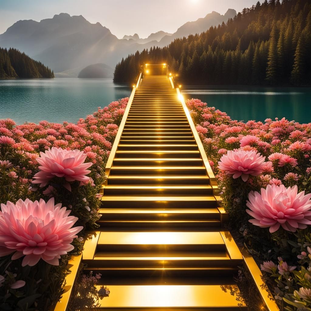 Golden Stairs to Sky with Lake and Neon