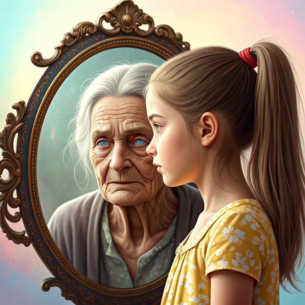 image of a girl seeing her reflection as a very old woman