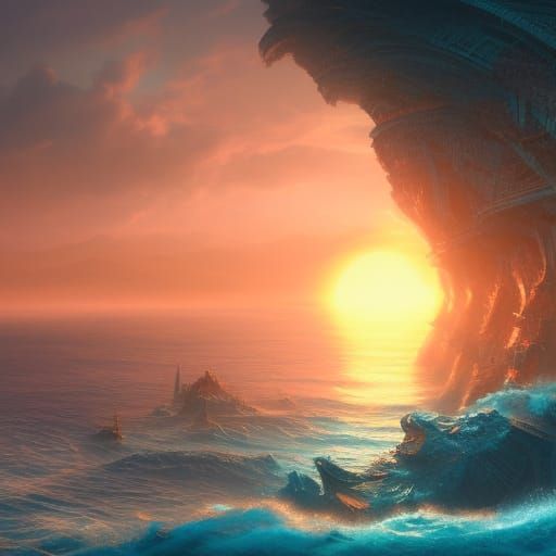 Fantastical Ocean Sunrise in Detailed Matte Painting