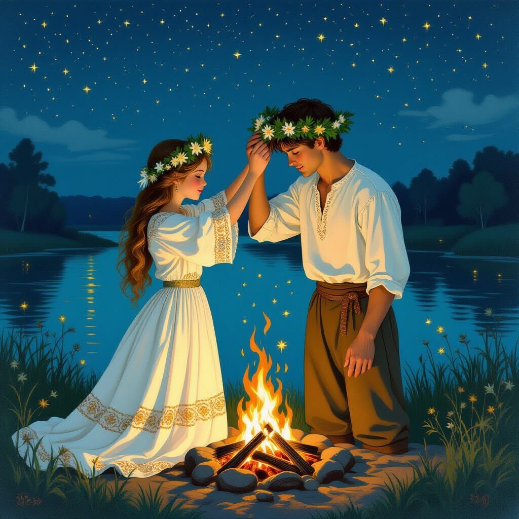 Slavic Lovers Under Starry Skies in Lacquer Style