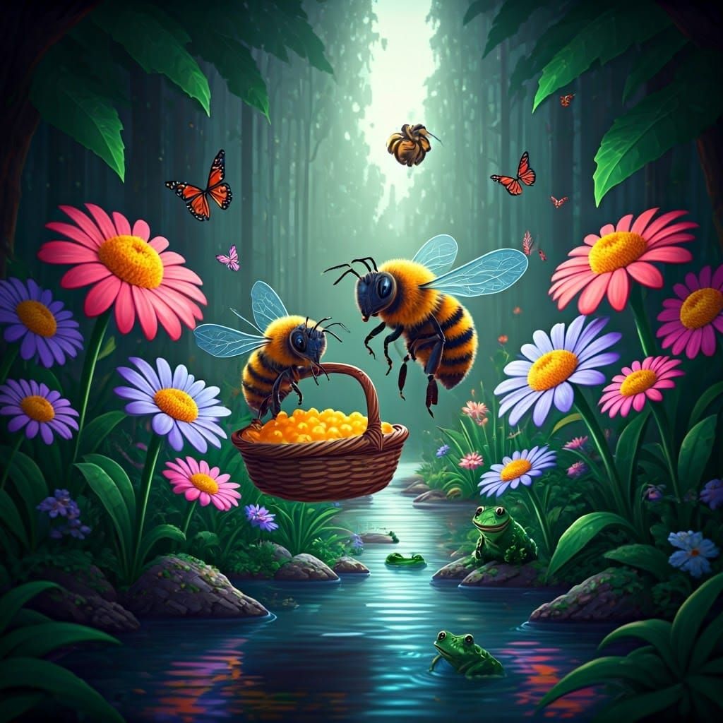 Bees Collecting Pollen in 3D Pixel Art
