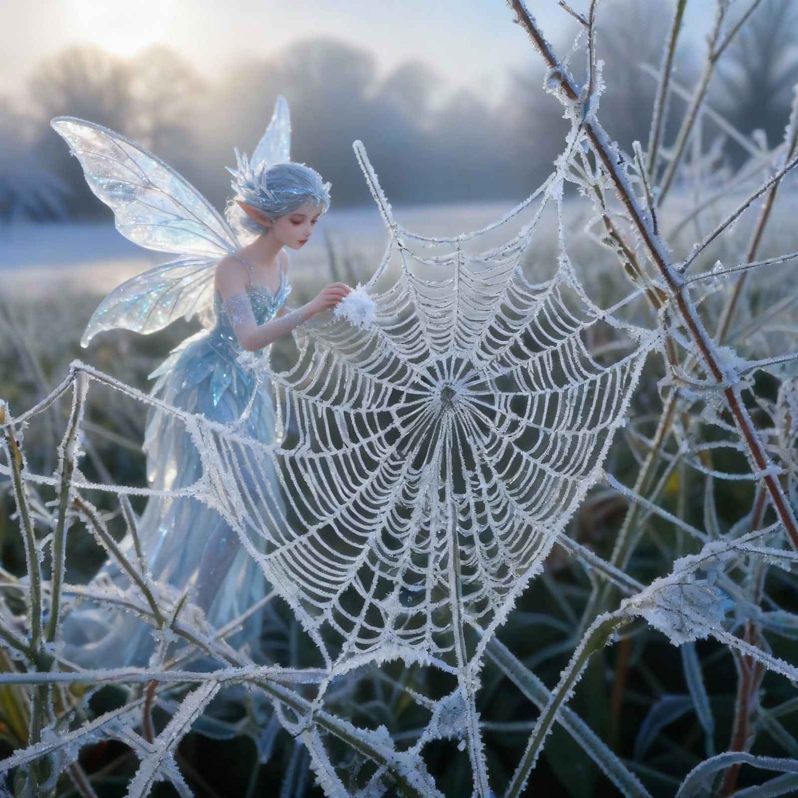 Dark Ice Fairy Spreading Hoar Frost on Nature