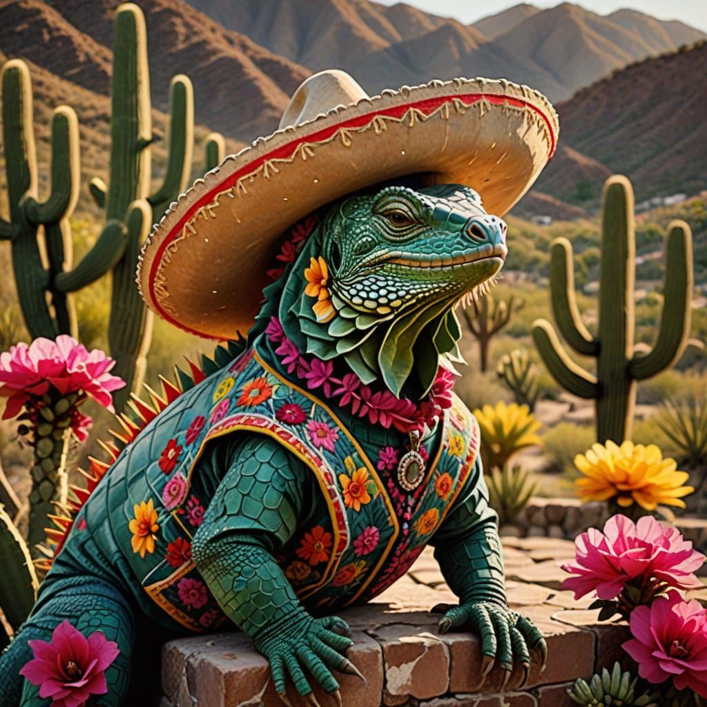 Iguana in Sombrero: Hyper-Realistic Mexican Village Scene