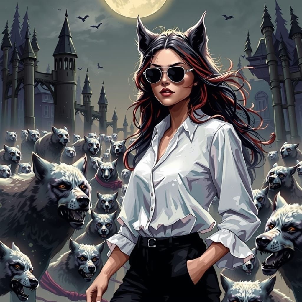 Mysterious Female Werewolf in Dark Urban Landscape