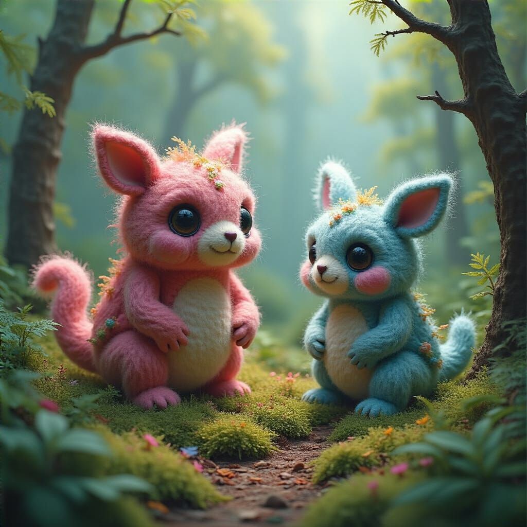 Whimsical Felted Creatures in Lush Forest Setting