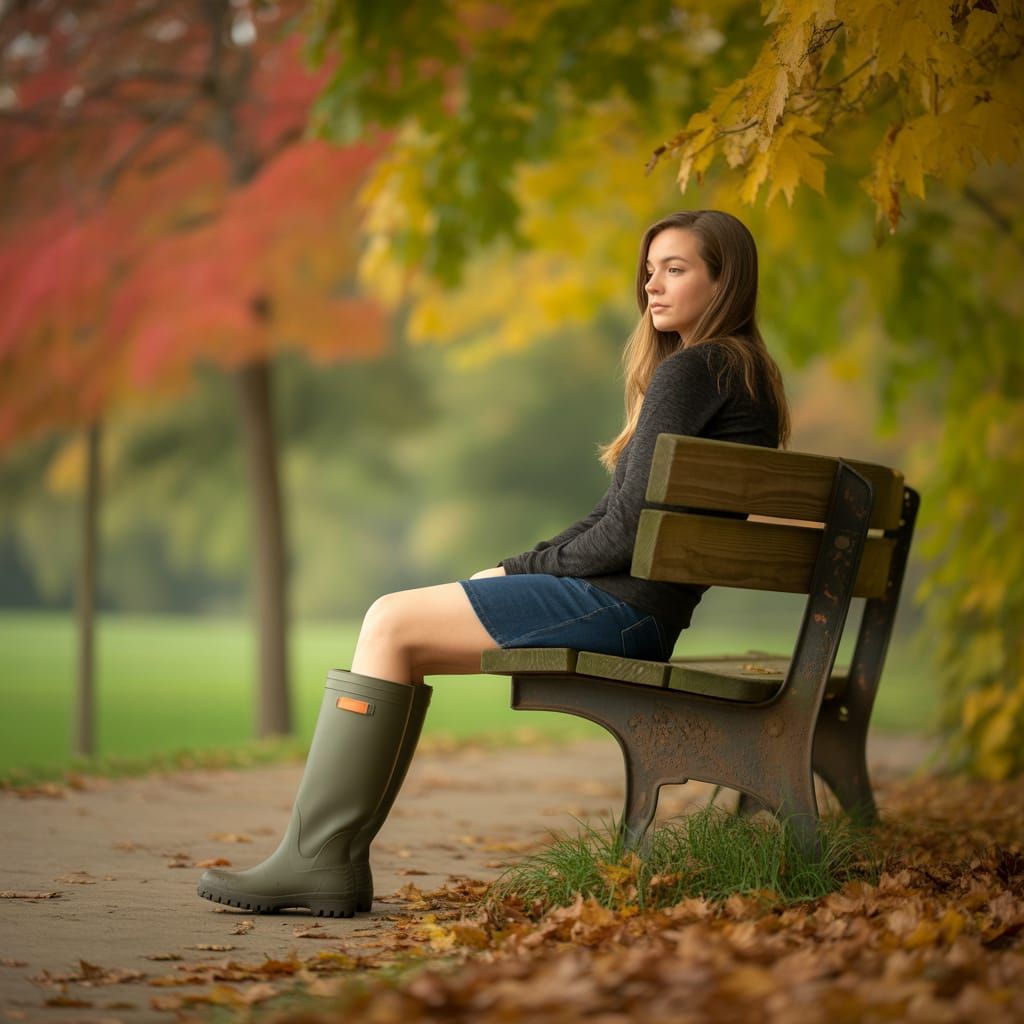 Woman in Olive Green Boots on Park Bench