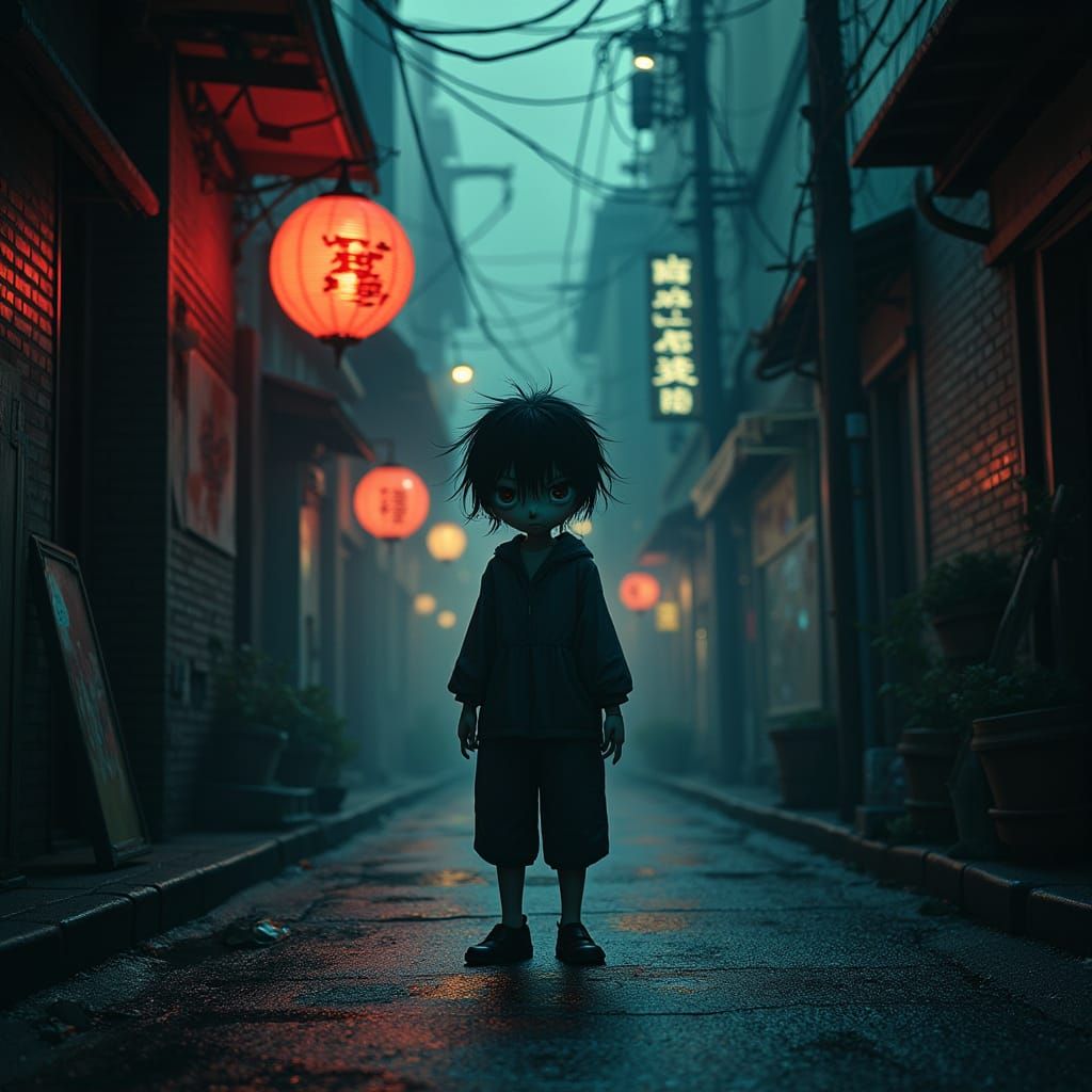 Japanese Urban Legend Tofu Boy in Dark Neon Alleyway