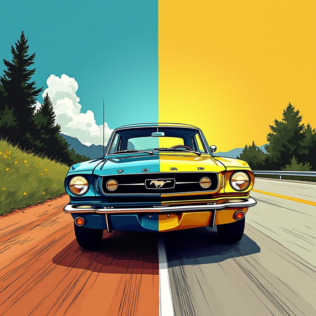 Vintage Ford vs Modern Mustang in Splash Art Style
