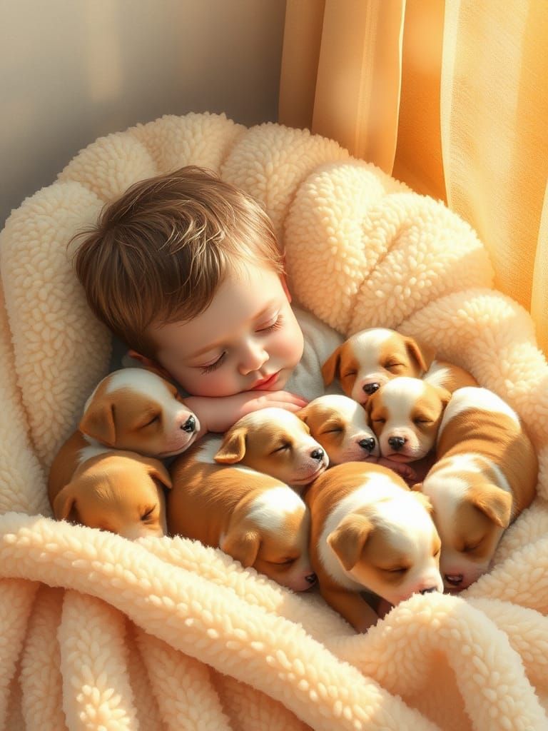 Toddler and Puppies in Sunlight: Watercolor Art