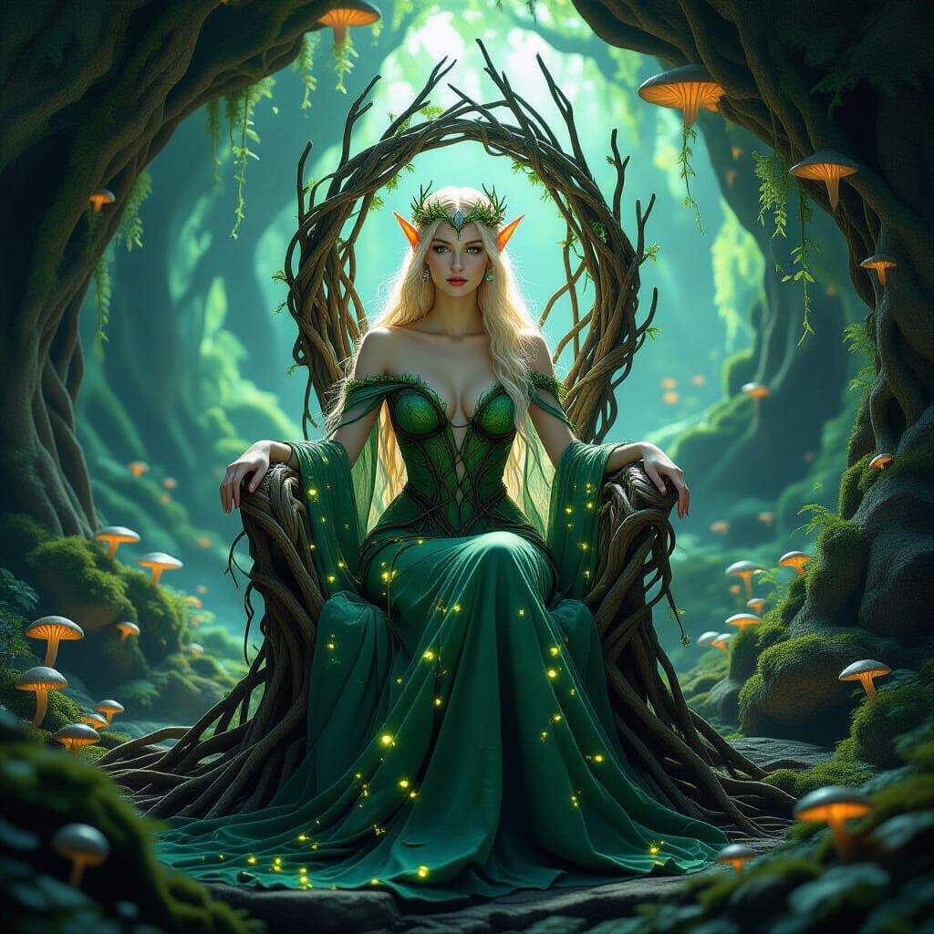 Elven Queen on Bioluminescent Throne, Art Nouveau Style