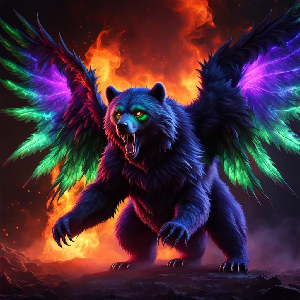 Winged Grizzly Bear Demon with Fire Wings