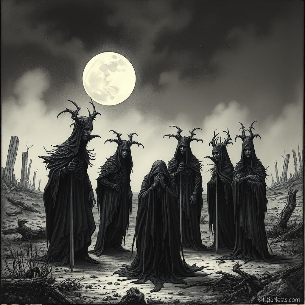 Ominous Figures Gather in Abandoned Landscape