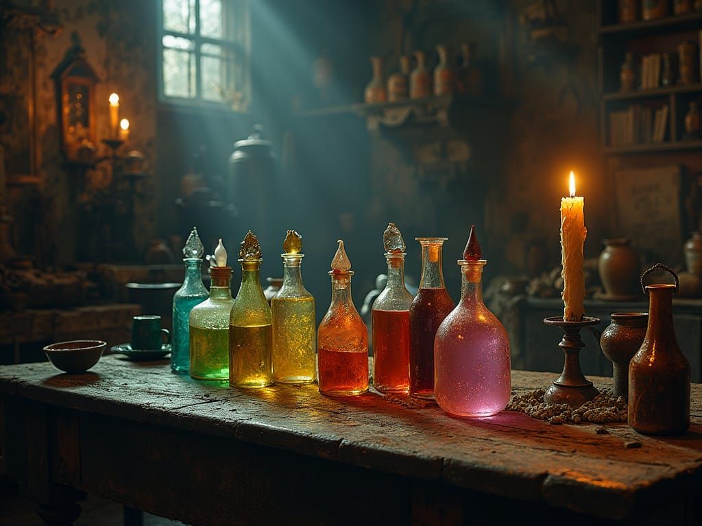 Mystical Alchemist Laboratory with Glowing Elixirs