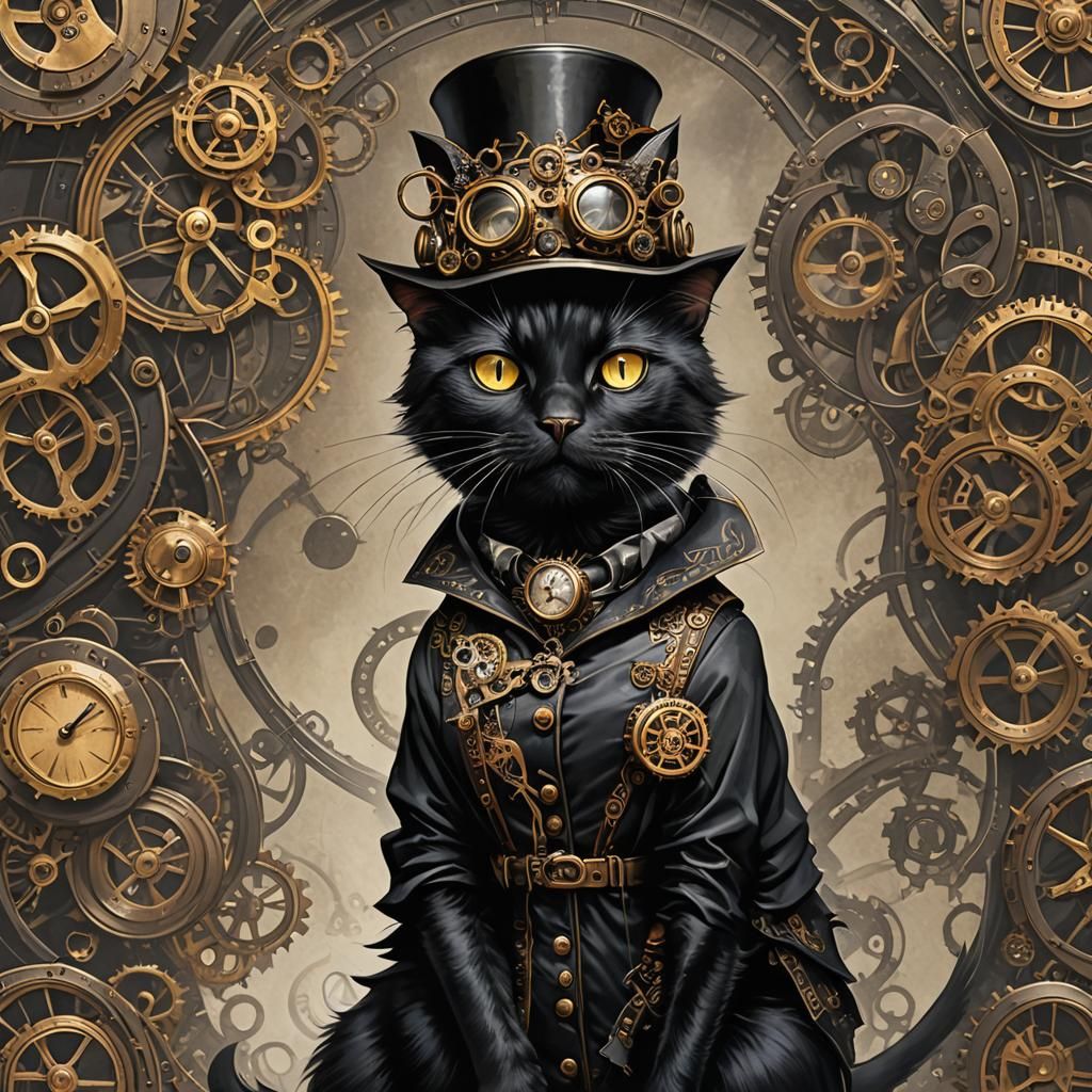 a black cat in steampunk style