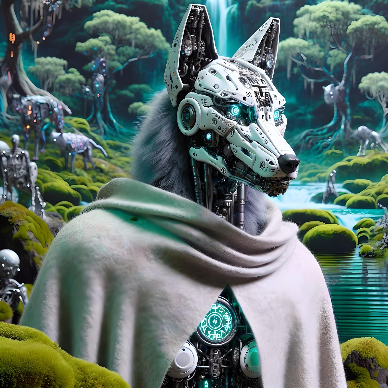 Mechanical Wolf with Runic Tattoos in Gothic Forest