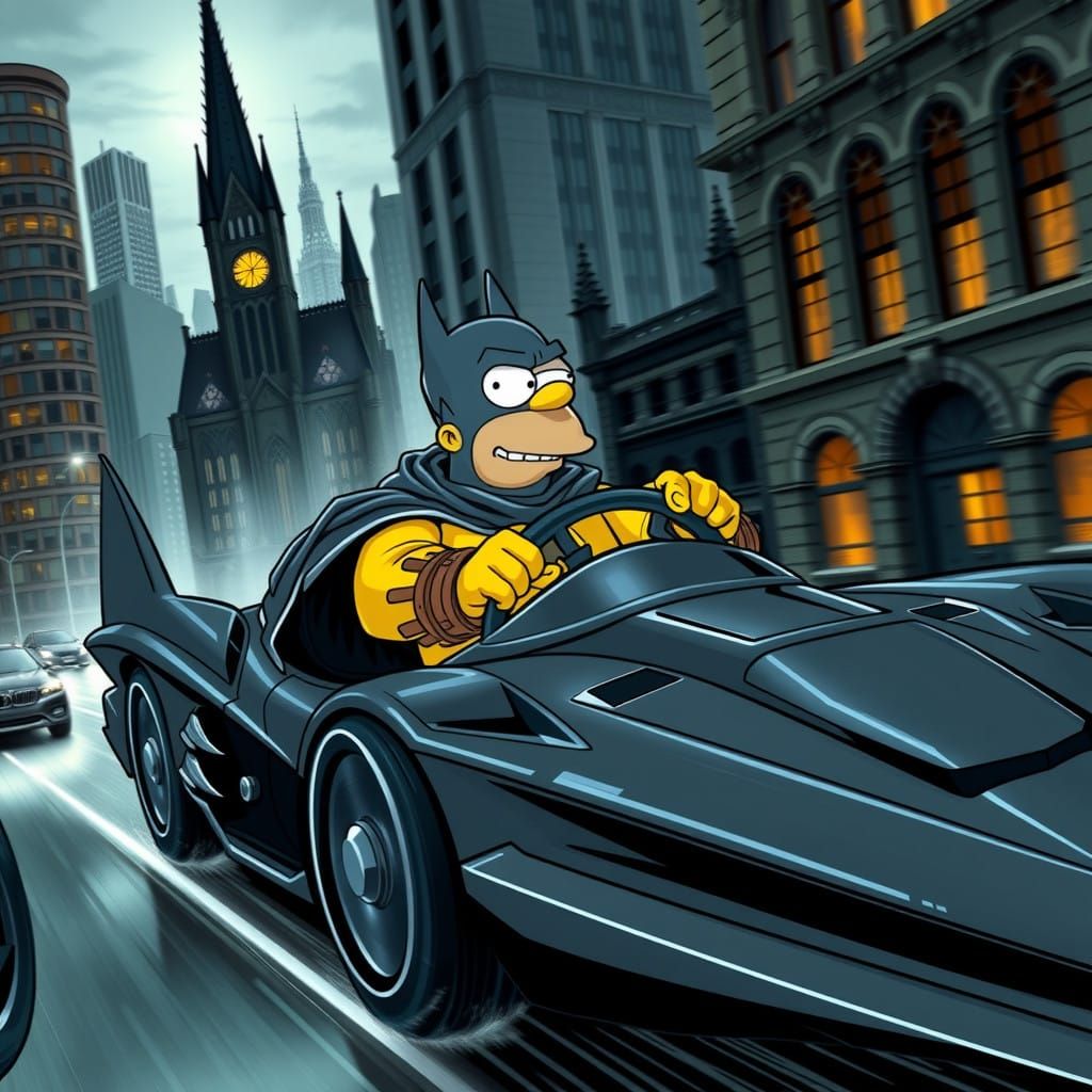 Homer Simpson Drives Batmobile in Dark, Rainy Gotham