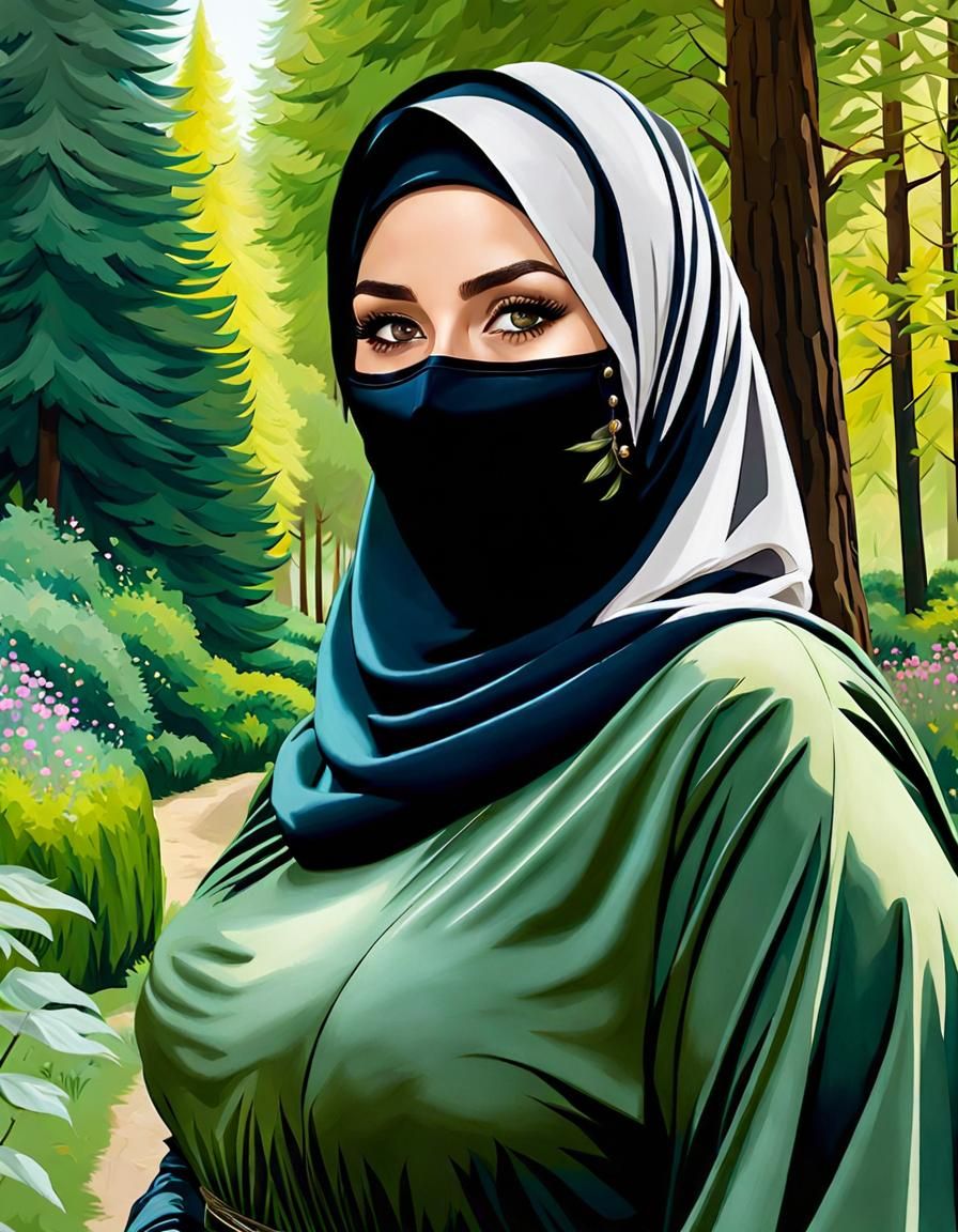 Beautiful Woman in Hijab and Mask, Oil Painting