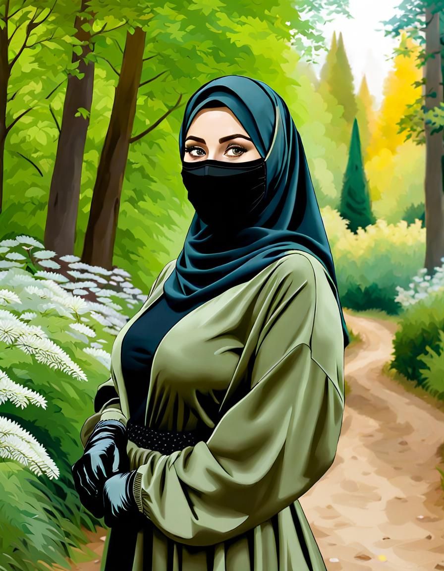 Woman in Hijab and Mask in Forest Garden