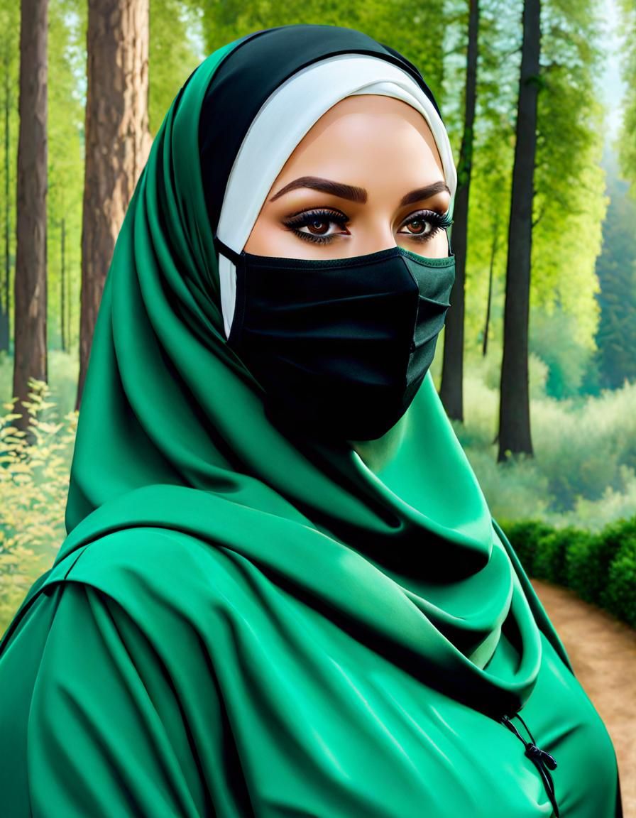 Woman with Khaki Hijab in Forest Garden