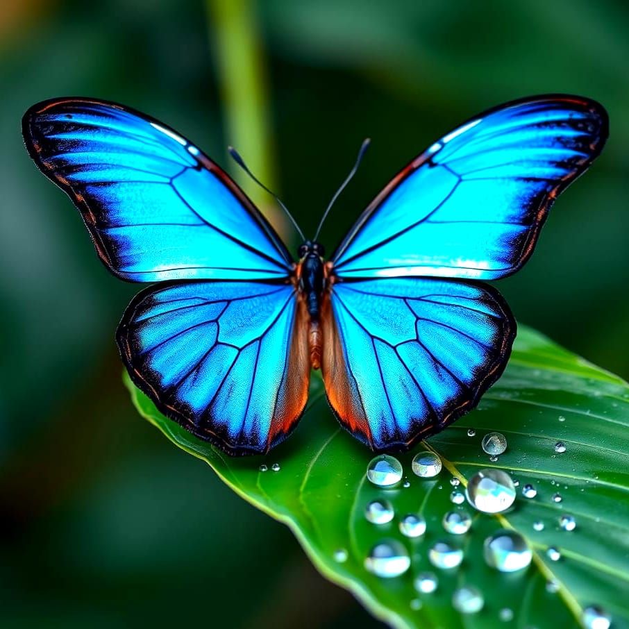 Exquisite Blue Morpho Butterfly Perched on Glossy Green Leaf
