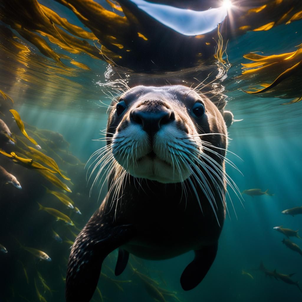 Otters Freediving in Kelp Forest, Figurative Style