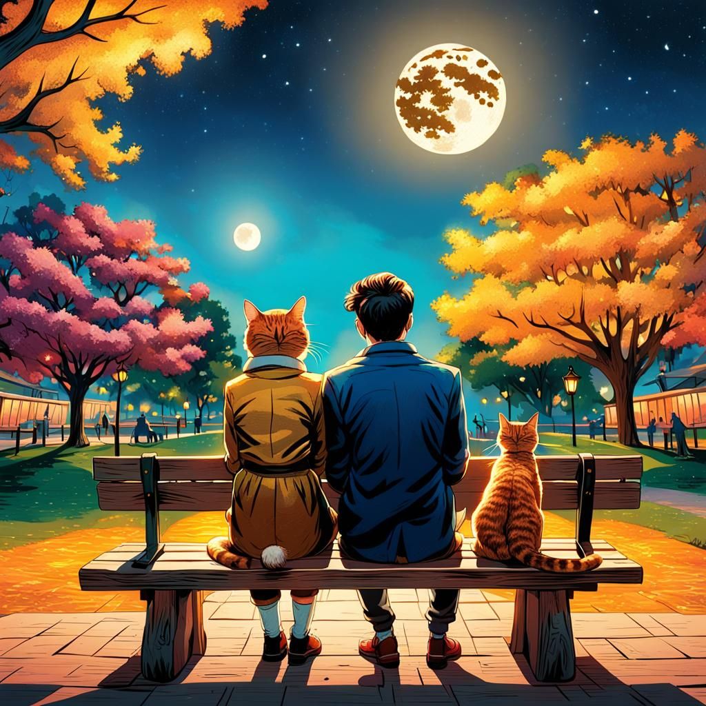 creame una mujer, un hombre y un gato sentados de espaldas en una banca de madera en un parque mirando un agran luna que...