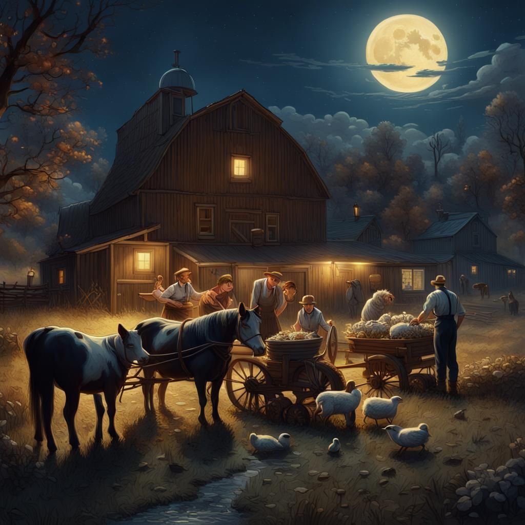 Moonlit Farm: Night Chores in Rockwell Style