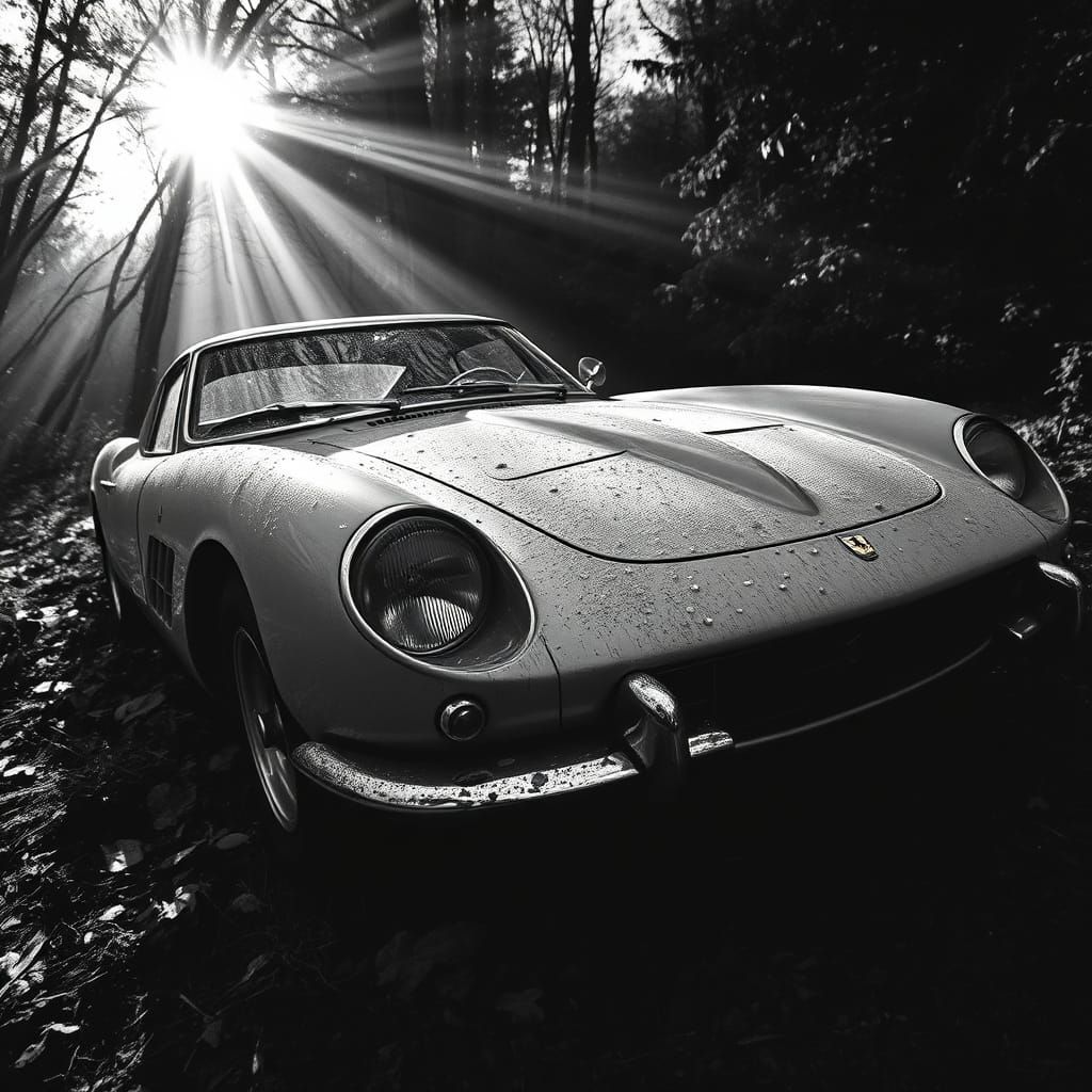 Abandoned 1967 Ferrari in Overgrown Forest, Black and White