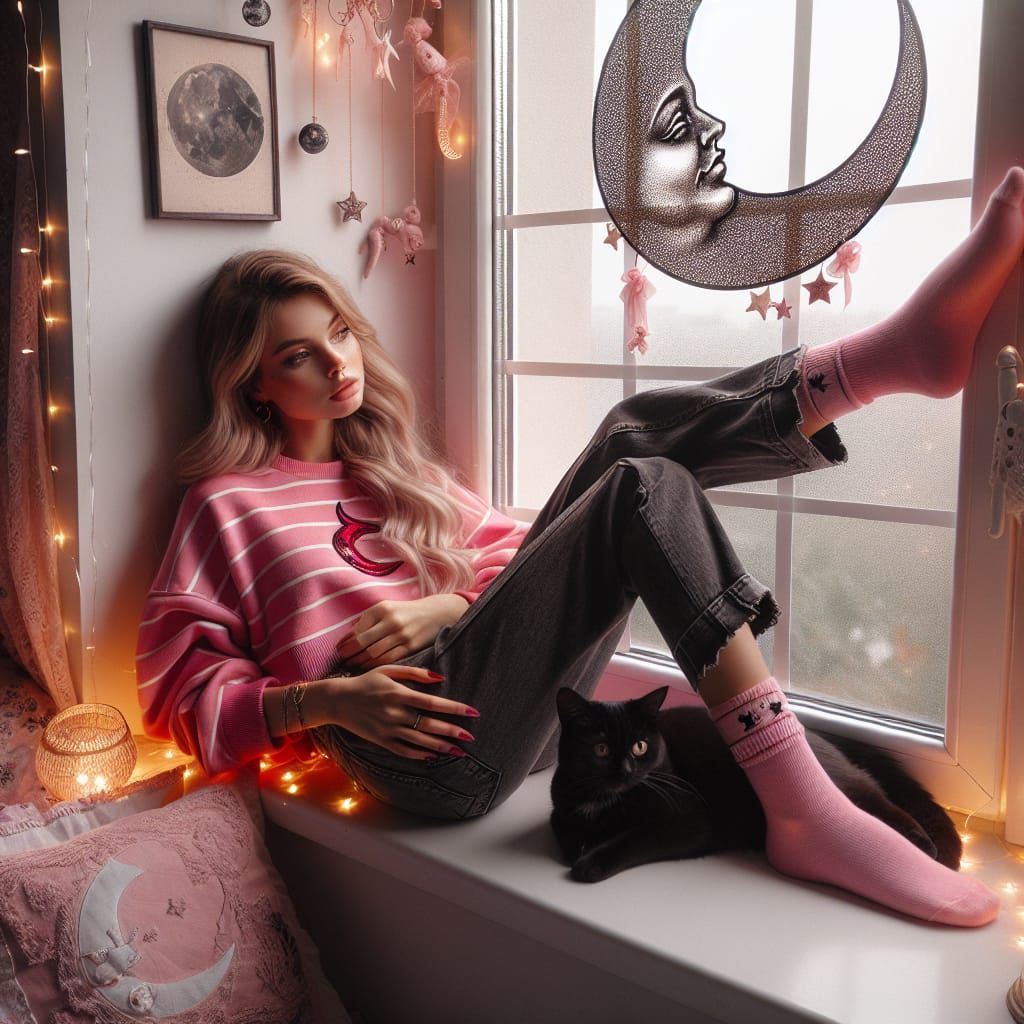 Woman with Cat Gazing from Window with Fairy Lights